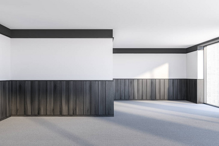 空房间的内部有白色和深色的木制墙壁，地毯地板和大窗户。 室内设计的概念。 3D渲染