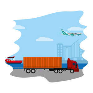 提供服务的卡车集装箱和船舶与飞机矢量插图