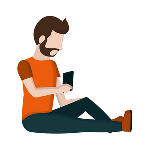 坐在智能手机上的男人社交交流矢量插图