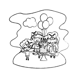 带气球和蛋糕的女孩在景观矢量插图中。