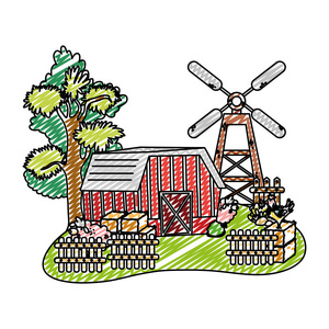 木制烤架和羊矢量插图涂鸦家庭农场