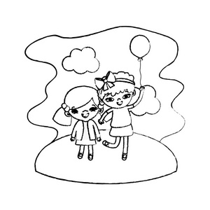 小女孩带着可爱的气球在景观矢量插图
