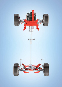 悬挂汽车与车轮和发动机底盘的详细底部视图隔离在蓝色梯度背景3D上