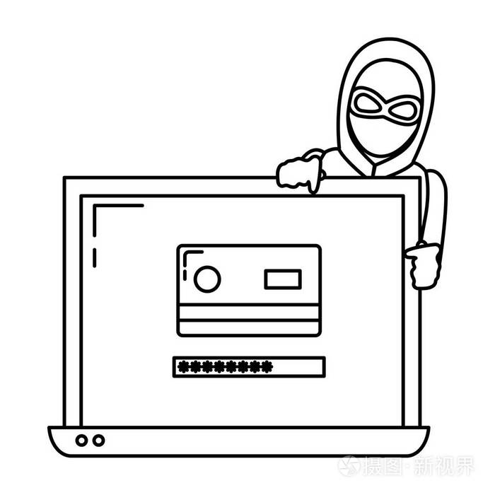 带有信用卡和黑客数据矢量插图的直线笔记本电脑