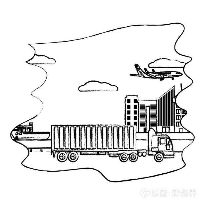 提供运输服务的卡车集装箱和带有飞机矢量插图的船舶