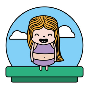 彩色快乐女孩与衬衫和短在景观矢量插图。