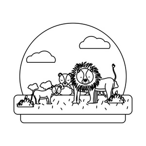 线条可爱的狮子家族动物在景观矢量插图。
