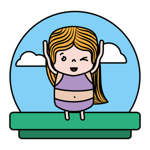 彩色傻女孩与衬衫和短在景观矢量插图。