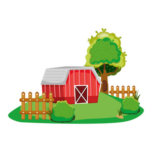 有木架和树木矢量插图的家庭农场
