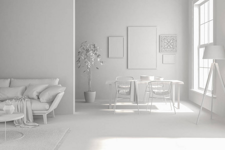 现代起居室内配沙发和家具3d 渲染