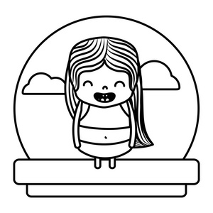 线条快乐女孩与衬衫和短在景观矢量插图。