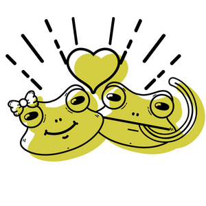 彩色可爱青蛙夫妇动物心脏设计矢量插图