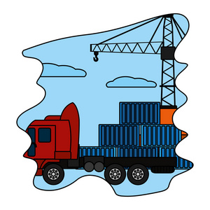 彩色货物集装箱与卡车运输和起重机矢量插图
