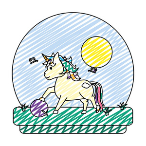 涂鸦独角兽与发型玩Wih球在景观矢量插图。