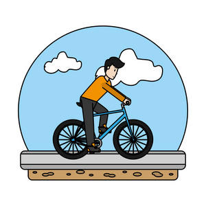 彩色男子骑自行车在街上运输矢量插图