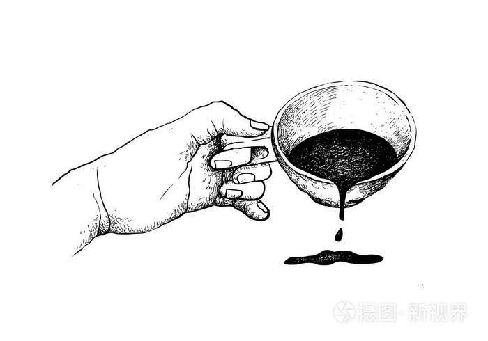 咖啡时间插图手绘草图,手拿一杯咖啡隔离在白色背景上.