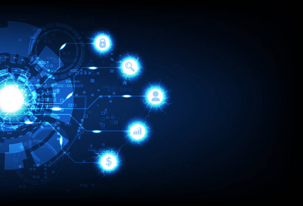 商业技术数字未来主义像素计算机数据信息标志和符号霓虹灯蓝光闪烁抽象背景矢量插图
