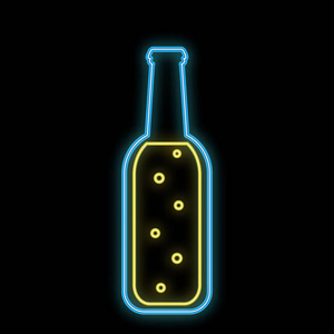 一个简单的抽象霓虹灯明亮发光发光的蓝色图标, 一个招牌酒吧从一个半升的啤酒瓶与工艺啤酒与泡沫和复制空间在黑色背景。向量例证