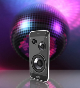 音乐智能手机手机音乐应用手机和扬声器迪斯科球背景3D
