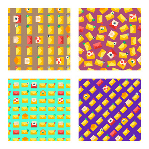 电子邮件集的无缝的样式向量例证。打开和关闭带有字母的信封。发送和获取应用程序或网络的消息图标。爱情或商务信函