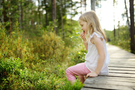 可爱的小女孩在美丽的夏日森林徒步旅行中玩得开心