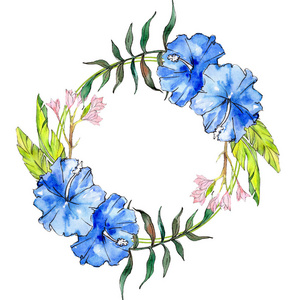 蓝色和粉红色异国情调的热带夏威夷花。水彩背景插图集。框架边框装饰正方形