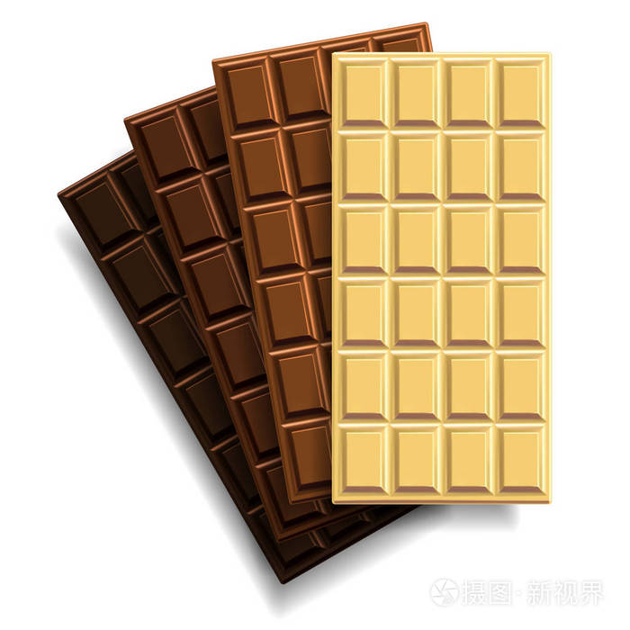 一组四块巧克力,白色背景上有不同颜色的方形图案.