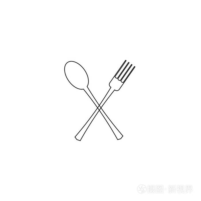 白色背景上的叉子和勺子交叉图标. 餐厅菜单图标.