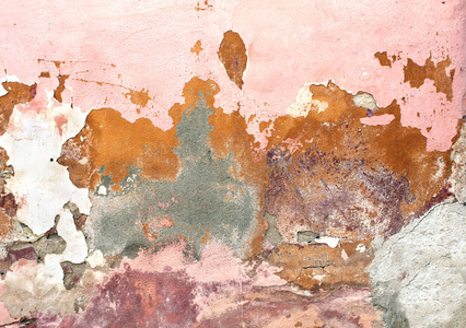 灰色背景，老灰岩墙纹理粉红色，开裂油漆红色，米色和黄色