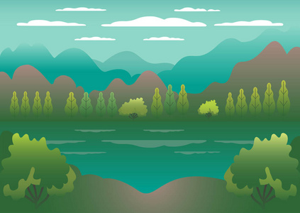 丘陵景观在平面风格设计中。 有湖泊背景的山谷。 美丽的绿色田野，草甸山和蓝天。 山地森林中的农村地区树木卡通矢量