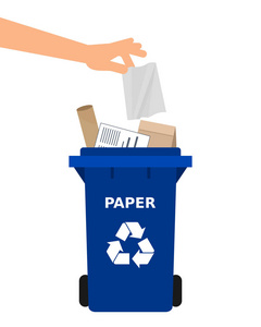 手把纸扔进回收箱。 纸张回收分离废物分类垃圾环保概念。 白色背景。 矢量插图平面风格。