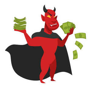 撒旦或红色魔鬼与金钱在黑色斗篷孤立的人物矢量地狱之王和罪恶贪婪和商业精神荧光素怪物与角持神话生物或野兽。