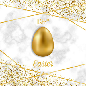 快乐复活节贺卡与金色复活节物品和闪光的白色大理石背景。 豪华霍利迪明信片与金蛋。