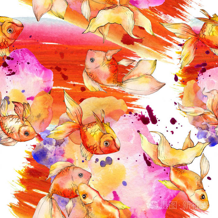 水彩水彩金鱼与彩色抽象插图.无缝背景图案.面料壁纸印花纹理.