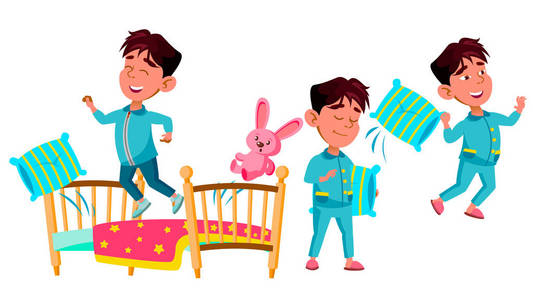 亚洲男孩幼儿园儿童波集向量。学龄 前。睡吧, 卧室枕头, 玩具。年轻的积极的人。美。适用于横幅宣传单宣传册设计。孤立的动画片