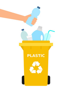 手把塑料瓶扔进回收箱。 塑料回收分离废物分类垃圾环保概念。 白色背景。 矢量插图平面风格。