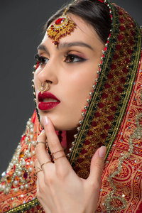 印度美人摆在传统的纱丽和布迪的灰色中