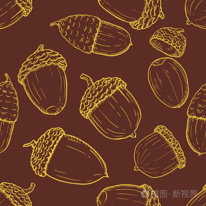 矢量无缝秋季图案与素描橡子在棕色背景插画-正版商用图片18djd3-摄图