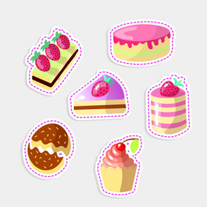 一套可爱的卡通甜蛋糕, 矢量插图。五颜六色的蛋糕图标收集与草莓顶部和洒水, 粉红色的釉料。可爱的卡通釉面蛋糕, 巧克力, 浆果。