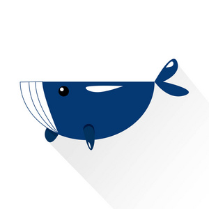 鲸鱼与泼水卡通人物平面图标，长影动物概念分离白色背景矢量插图