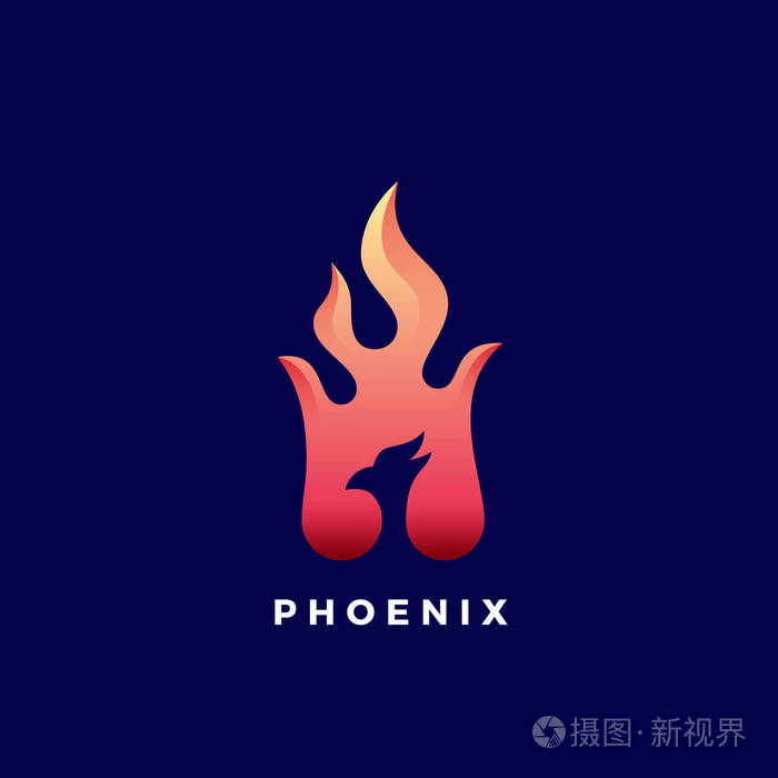 负空间凤凰火焰抽象向量符号, 符号或标志模板.充满活力的颜色渐变