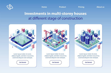 多层房屋建设投资项目等距矢量垂直网页横幅设置。 城市公寓和公寓综合体广告横幅。 房地产公司登陆页收集