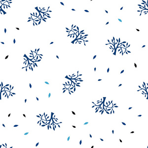 深蓝色矢量无缝自然图案与叶枝。 折纸风格的树叶和树枝的涂鸦插图。 纺织品壁纸设计。