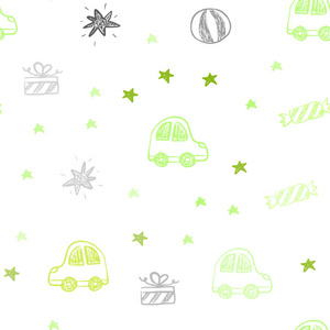浅绿色，黄色矢量无缝纹理在生日风格。抽象插图与玩具汽车，巴伦，糖果，星星，球。为五颜六色的广告设计。