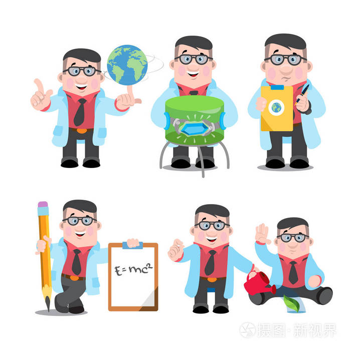 科学家实验室助理研究员化学家. 一组有趣的卡通人物.