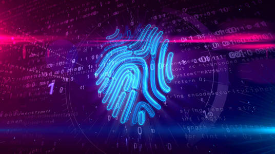 数字背景下指纹识别的网络保护。 用手指验证系统抽象概念三维插图实现个人授权和数字安全技术。