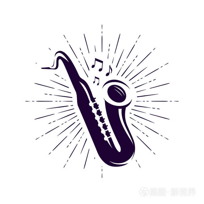 萨克斯风标志或标签. 现场音乐爵士乐布鲁斯符号. 矢量插图