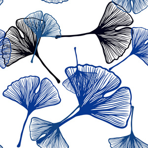 深蓝色矢量无缝自然图案与叶子。 抽象模板上带有涂鸦的装饰插图。 织物壁纸设计图案。