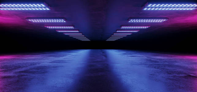 科幻网络未来感外星飞船舞蹈光霓虹灯发光紫粉红色激光灯引导在黑暗格栅混凝土地板隧道走廊空背景3渲染插图。