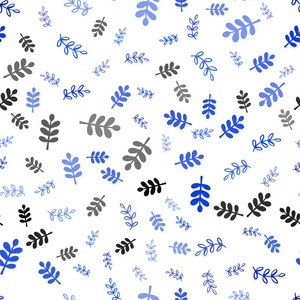 浅蓝色矢量无缝涂鸦背景与树叶树枝。 现代抽象插图，有叶子和树枝。 窗帘窗帘的纹理。